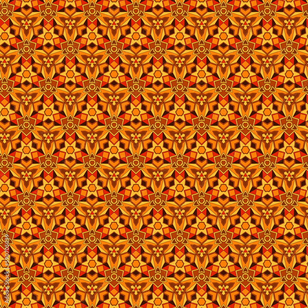 Modern abstract geometric mosaic floral pattern in warm yellow, orange, red and brown autumn colors