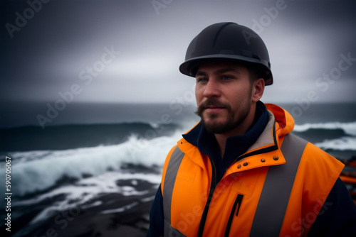 Portrait of the oilman worker on Oil rig platform. Power industry, petroleum engineering, technology, oilfield. Generative AI © mikhailberkut