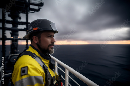 Portrait of the oilman worker on Oil rig platform. Power industry, petroleum engineering, technology, oilfield. Generative AI © mikhailberkut