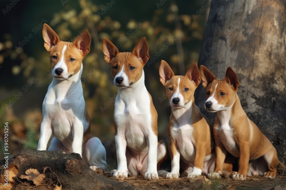 Basenji With Four Puppies Outside. Generative AI