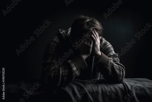Image Of Man Sitting On Bed With His Head Down And Hands Covering His Face, Appearing To Be In Despair Or Depression. Generative AI
