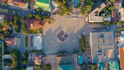 Yessentuki, Russia - August 29, 2021: Theater Square. Located next to the spa park. Sunset time, Aerial View, HEAD OVER SHOT photo