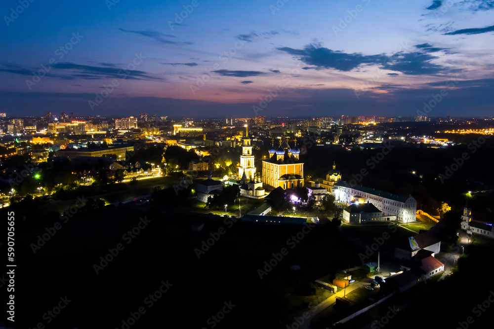 Ryazan, Russia. Ryazan Kremlin. City lights. Time after sunset. Aerial view