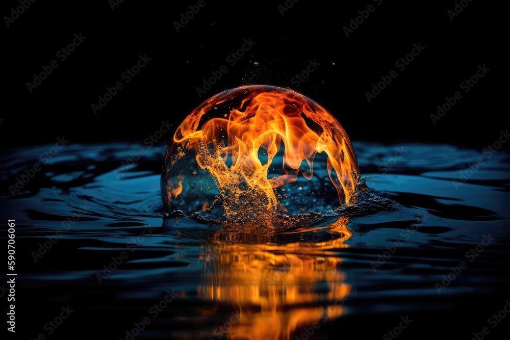 A Round Burning Ball That Looks Like Earth In Water On A Black Background. Generative AI A Round Burning Ball That Looks Like Earth In Water On A Black Background. Generative AI