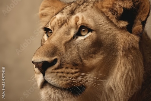 Close-Up Of A Lion On A Beige Background. Generative AI