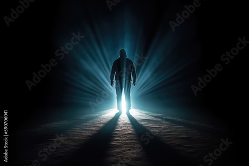 Figure Walking Into The Bright Light, Symbolizing The Journey To The Afterlife. Generative AI