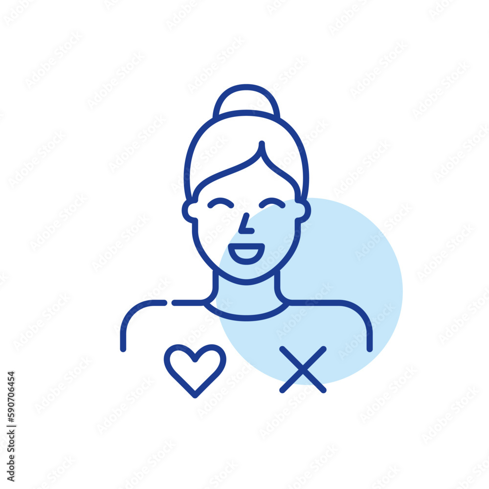 Girl user of dating app with match or miss symbols. Finding romantic partner online. Pixel perfect, editable stroke icon Girl user of dating app with match or miss symbols. Finding romantic partner online. Pixel perfect, editable stroke icon