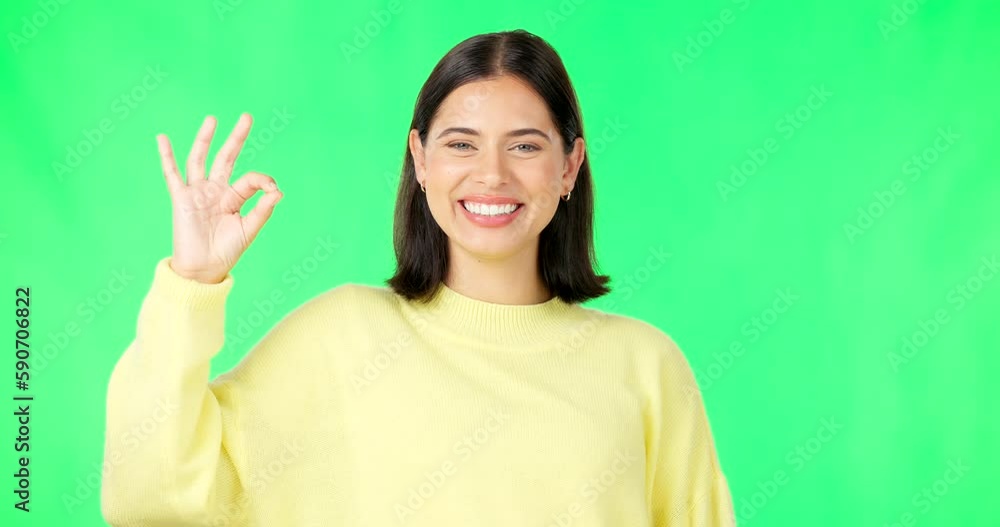 Ok, green screen and portrait of woman doing a perfect sign or hand gesture isolated in a studio background. Excited, happy and female showing approval, accept and agreement signal for perfection Ok, green screen and portrait of woman doing a perfect sign or hand gesture isolated in a studio background. Excited, happy and female showing approval, accept and agreement signal for perfection