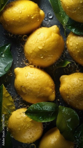 Lemon, adorned with glistening droplets of water. Generative AI