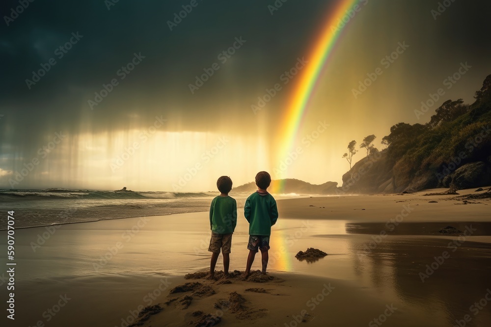 Two Little Boys Are Standing In The Sand In Front Of Rainbow. Generative AI