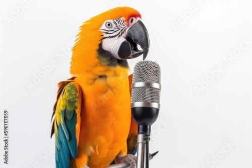 Parrot With Microphone On White Background. Generative AI