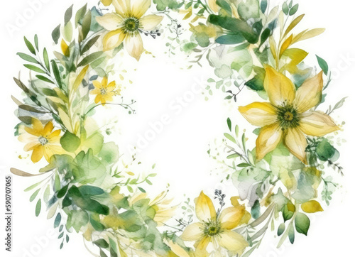 The Green Watercolor Floral Wreath Frame In White And Yellow Floral. Round Wreath With Space For Text. Generative AI