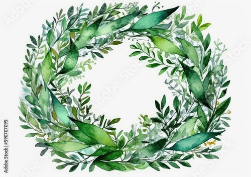 Watercolor Floral Wreath Green Leaves Background Pattern. Generative AI