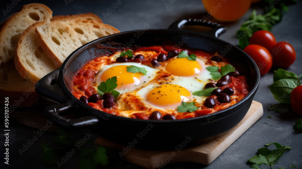 Start Your Day Right with a Plate of Savory Israeli Shakshuka. Food photography. Generative AI Start Your Day Right with a Plate of Savory Israeli Shakshuka. Food photography. Generative AI