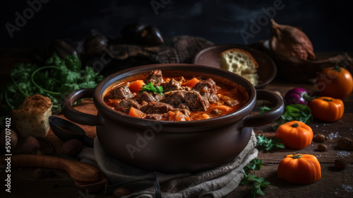 Hungarian Goulash: a delicious and hearty meal to share with family and friends, food photography. Generative AI