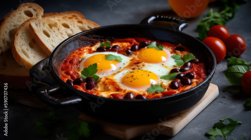 Start Your Day Right with a Plate of Savory Israeli Shakshuka. Food photography. Generative AI