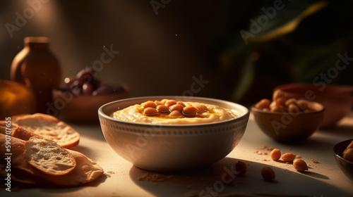 Creamy Hummus Delight: The Perfect Middle Eastern Appetizer, food photography. Generative AI