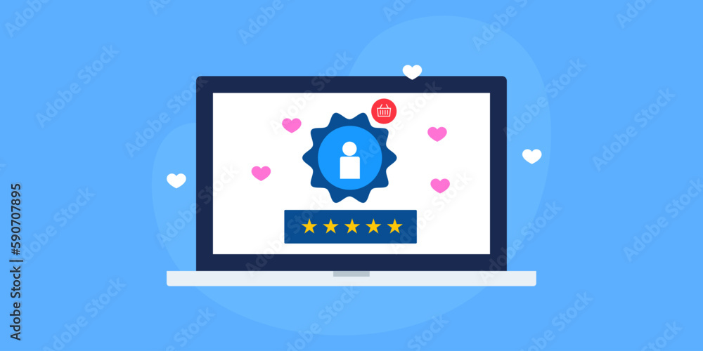 Customer provides positive feedback with star rating on laptop screen, shopping experience, consumer satisfaction concept. Vector illustration.