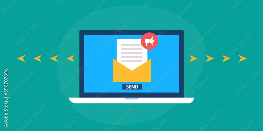 Sending promotional email newsletter to subscribers, contacting customer with message, business communication marketing concept, vector illustration.