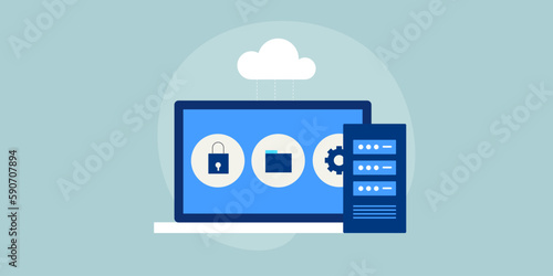 Cloud server web hosting service, secure cloud storage laptop communication technology background, vector illustration web banner. 