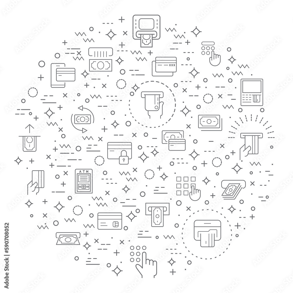 Simple Set of atm Related Vector Line Illustration. Contains such Icons as money, credit card, banking, loan, finance, credit, deposit, income, payment and Other Elements. Simple Set of atm Related Vector Line Illustration. Contains such Icons as money, credit card, banking, loan, finance, credit, deposit, income, payment and Other Elements.