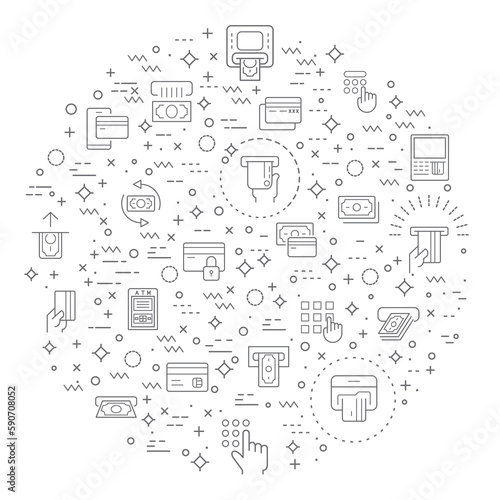 Simple Set of atm Related Vector Line Illustration. Contains such Icons as money, credit card, banking, loan, finance, credit, deposit, income, payment and Other Elements. 