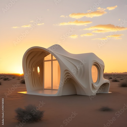 Fotografia, Obraz small ultrarealistic 3d printed home uses light colored materials sunset flowing