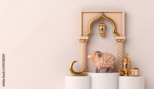 Eid al adha islamic decoration background with goat sheep, arabic lantern, mosque gate, ramadan kareem, mawlid, iftar, eid al fitr, muharram, copy space text area, 3D illustration.