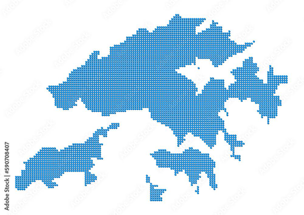 An abstract representation of Hong Kong, vector Hong Kong map made using a mosaic of blue dots with shadows. Illlustration suitable for digital editing and large size prints. 