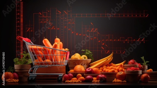 Grocery Shopping Cart with healthy organic food, food crisis, food shortage, inflation - Generative Ai