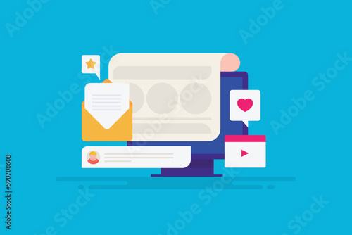 Writing blog content on computer screen, visual content creation, publishing and promotion for interested audience, increase and retain web traffic concept, vector illustration.