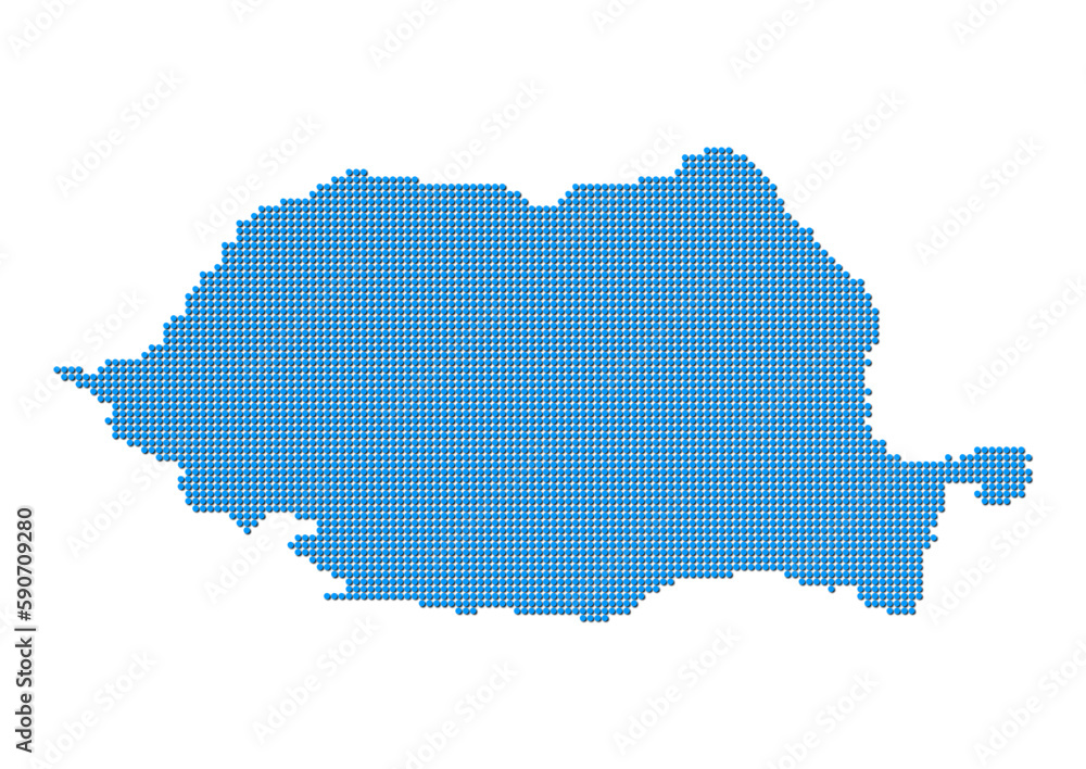 An abstract representation of Romania, vector Romania map made using a mosaic of blue dots with shadows. Illlustration suitable for digital editing and large size prints. 