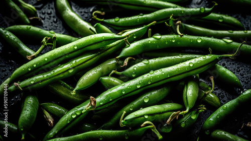 Green Beans, adorned with glistening droplets of water. Generative AI