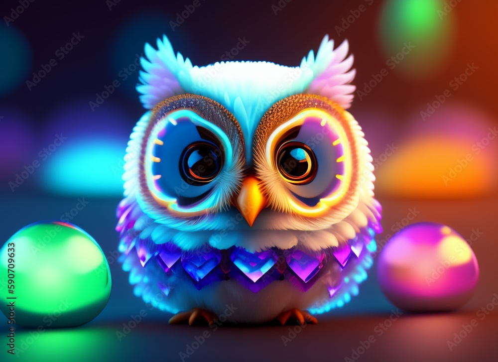 Naklejka premium A realistic cute adorable baby owl made of crystal ball with low poly eye's surrounded by glowing aura concept art with vivid beautiful colors generative ai