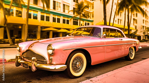 A luxury pink and gold retro vintage car against the backdrop of Miami's art deco architecture.