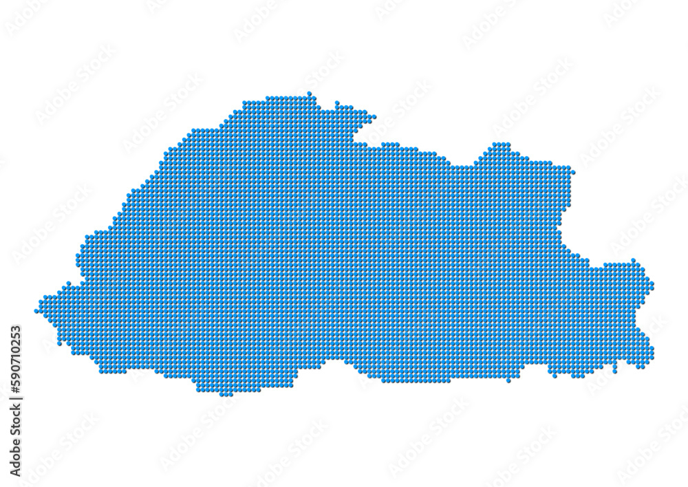 An abstract representation of Bhutan, vector Bhutan map made using a mosaic of blue dots with shadows. Illlustration suitable for digital editing and large size prints. 