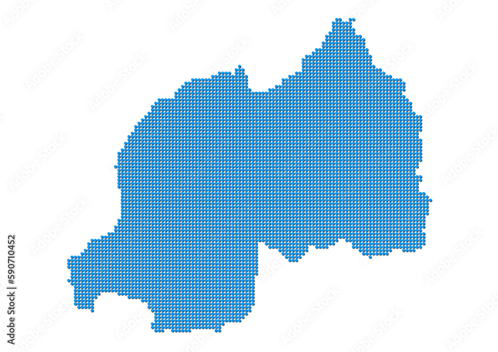 An abstract representation of Rwanda, vector Rwanda map made using a mosaic of blue dots with shadows. Illlustration suitable for digital editing and large size prints. 