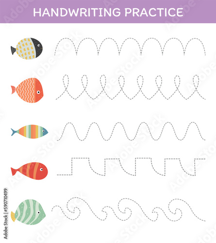 Hand writing practice worksheet with cute fishes educational game for kids photo