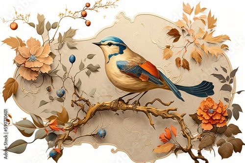 wallpaper birds and flowers long branches white background © EnelEva