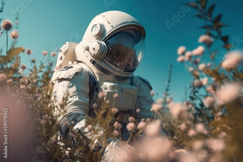 In a field of colorful flowers on an alien planet, an astronaut stands next to a surreal butterfly in a space suit. AI Generative.