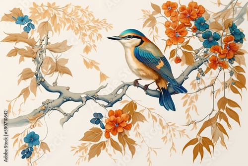 wallpaper birds and flowers long branches white background © EnelEva