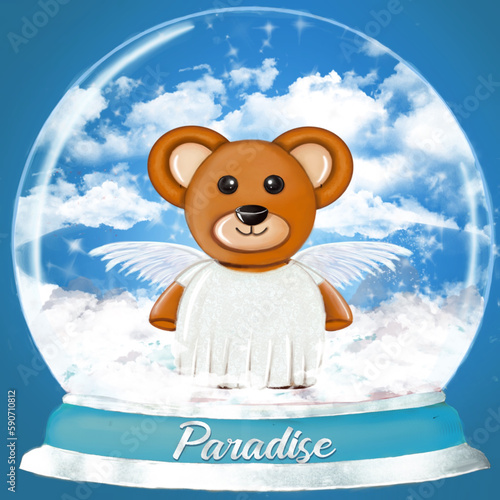 teddy bear in angel version inside a snowball - paradise - great for website, email, presentation, card, book, t-shirt, sweatshirt, label, sticker, book, notebook, printable -