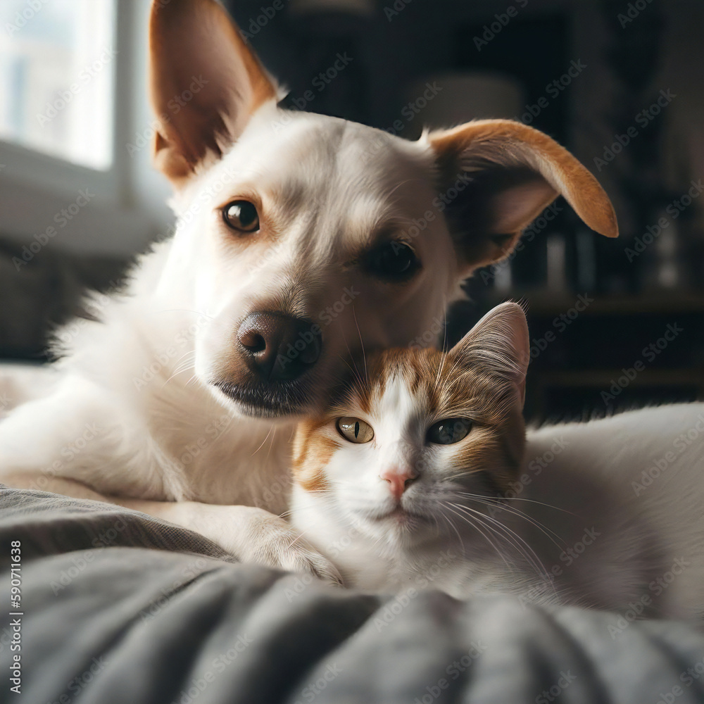 寄り添う猫と犬_Cuddly cat and dog_Generative AI 寄り添う猫と犬_Cuddly cat and dog_Generative AI