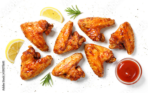 Air fryer chicken wings glazed with hot chilli sauce and served with different sauces.  isolated on white  background . top view