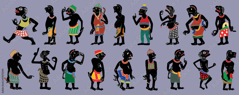 Nang Talung Thai Shadow Puppet in traditional clothes. Set of black and white vector illustrations.
