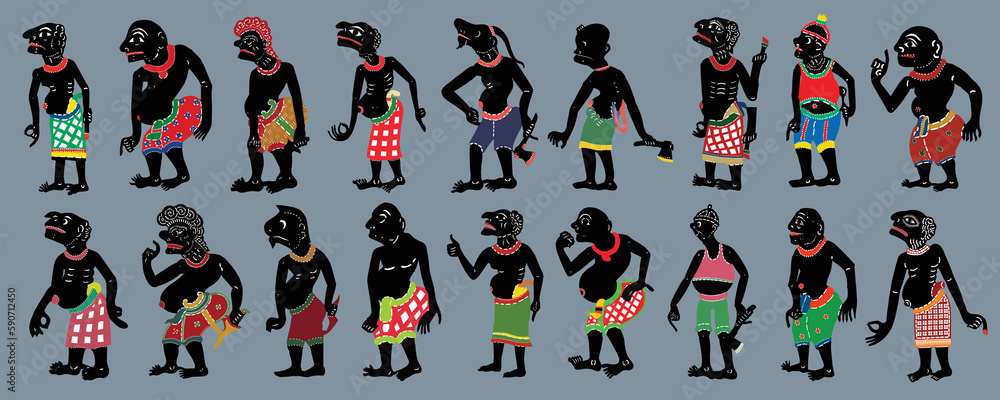 Nang Talung Thai Leahter Shadow Puppet. Set of Shadow Puppet in traditional clothes. Vector illustration.