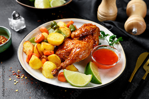 Air fryer chicken with crispy vegetable and different sauces on black background.