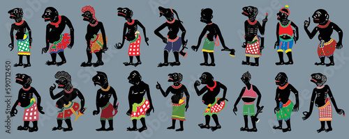 Nang Talung Thai Leahter Shadow Puppet. Set of Shadow Puppet in traditional clothes. Vector illustration.