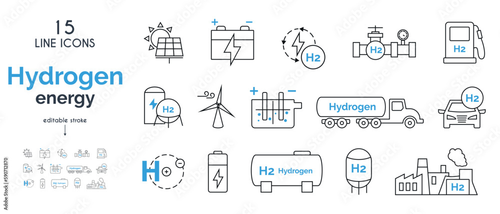 Green hydrogen fuel production icons set. water electrolysis, hydrogen atom, solar energy, windmill, fuel tank, pipeline, hydrogen transport, gas station.