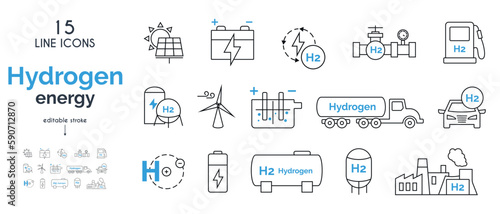 Green hydrogen fuel production icons set. water electrolysis, hydrogen atom, solar energy, windmill, fuel tank, pipeline, hydrogen transport, gas station. photo